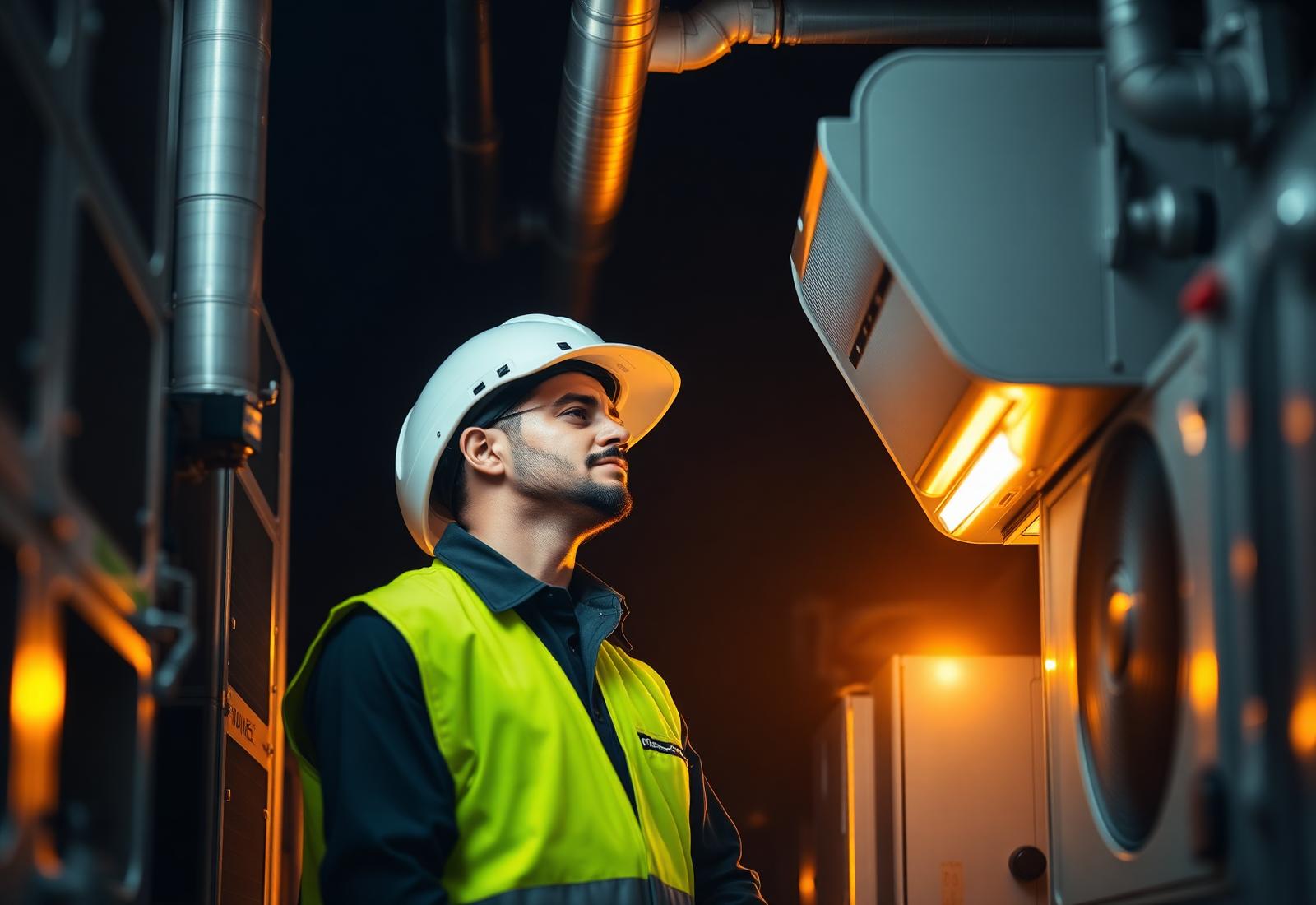 Maintenance engineer inspecting commercial HVAC equipment at a facility in Oman